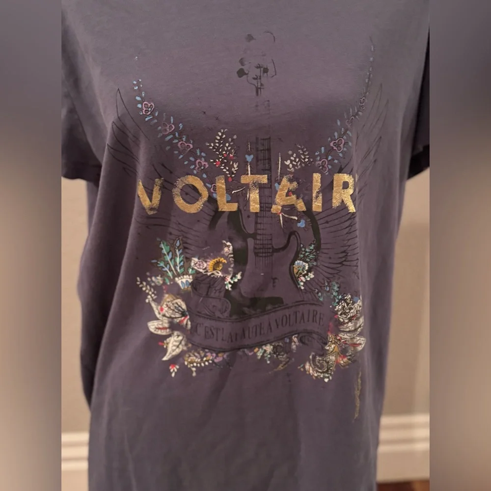 Zadig & Voltaire Charcoal Tee with Gold Logo and Floral Guitar Graphic - Picture 1 of 5